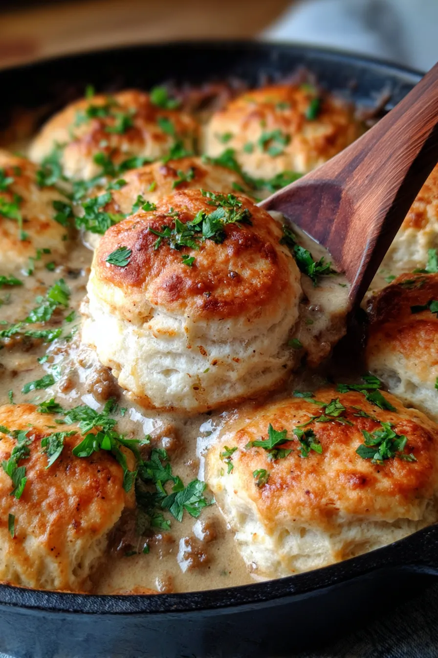 Lazy Biscuits & Gravy Casserole-fresh cilantro garnish-serving spoon