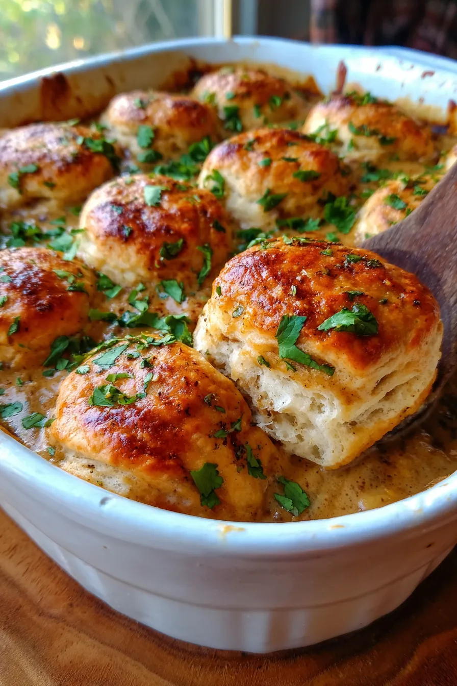 Lazy Biscuits & Gravy Casserole-side view-flaky biscuits