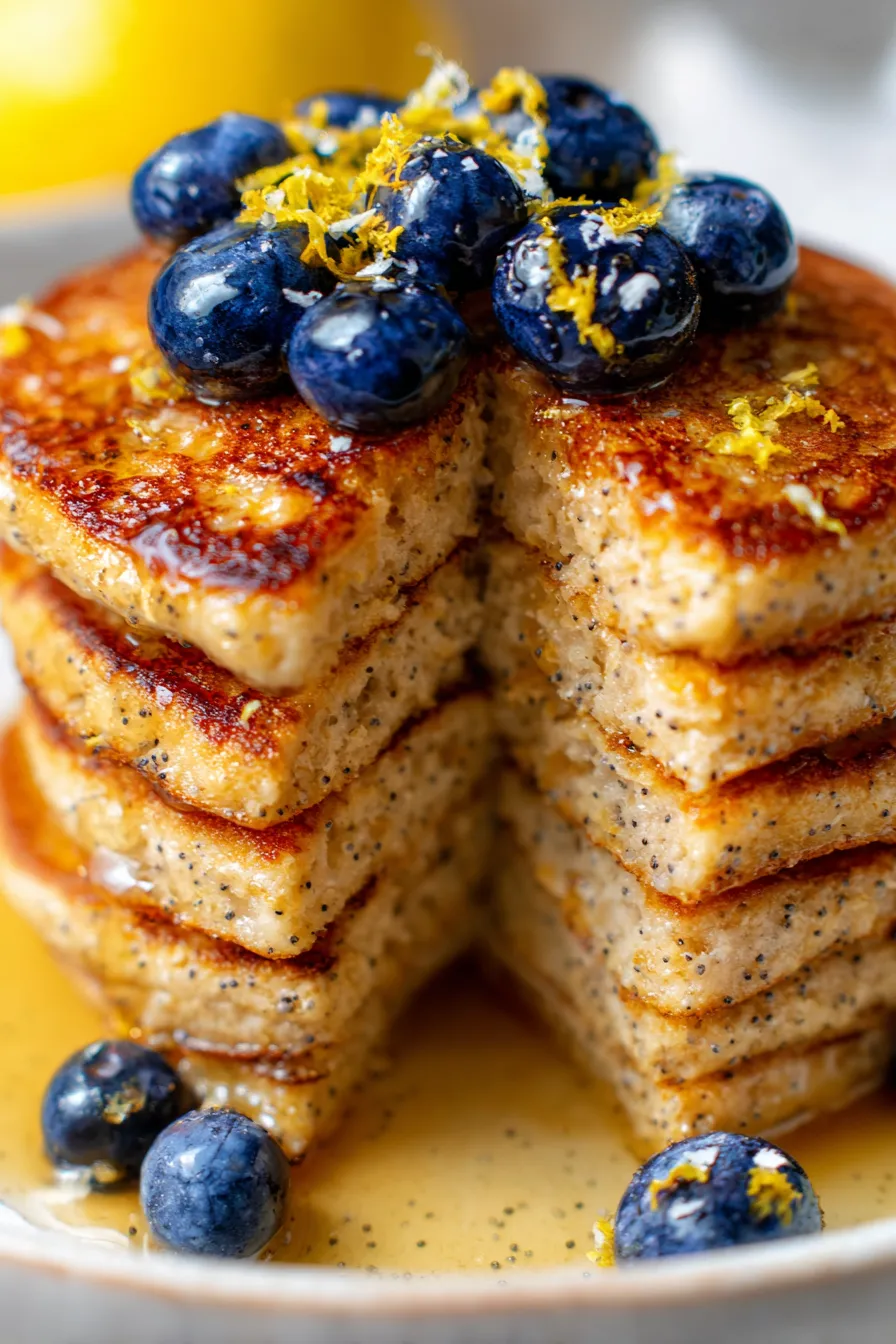 Lemon Poppyseed Protein Pancakes-fresh berries-syrup
