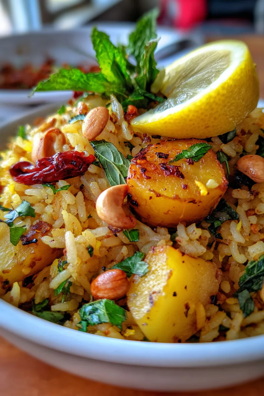 Poha with potatoes and peanuts - texture closeup - garnished lemon