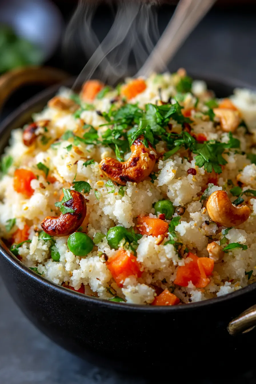 Rava Upma with fresh vegetables, texture closeup