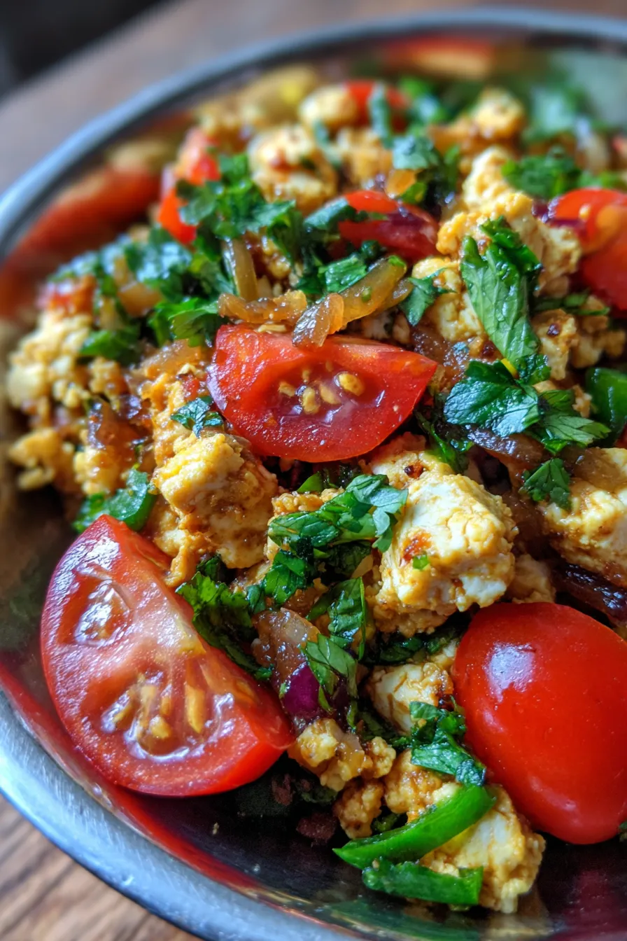Scrambled paneer - vibrant spices - fresh cilantro garnish - close up