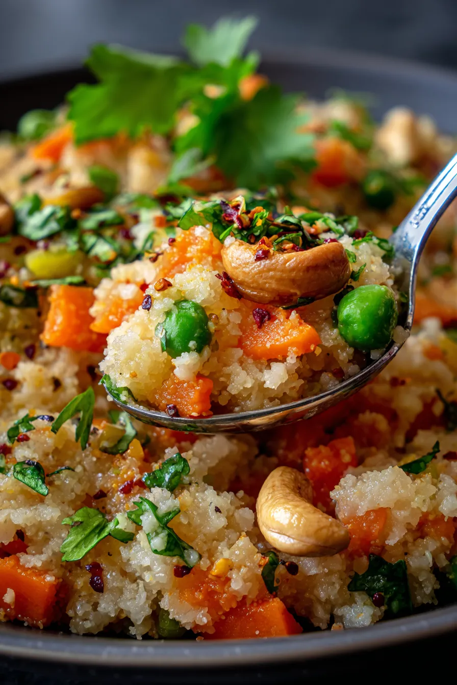 Steaming hot Upma with garnishes, side view