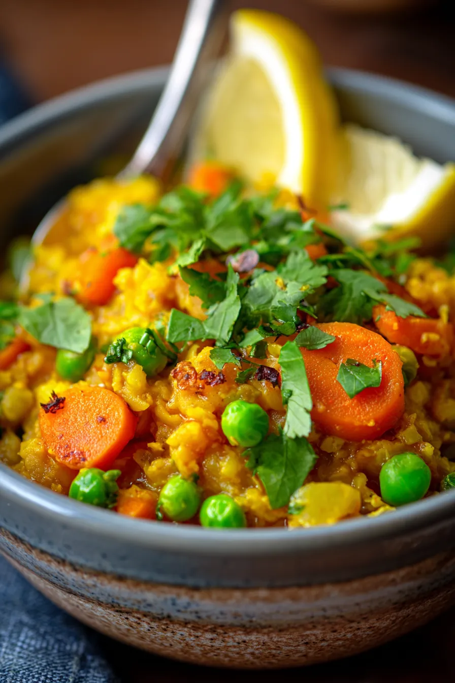 Turmeric Oats garnished with lemon and cilantro