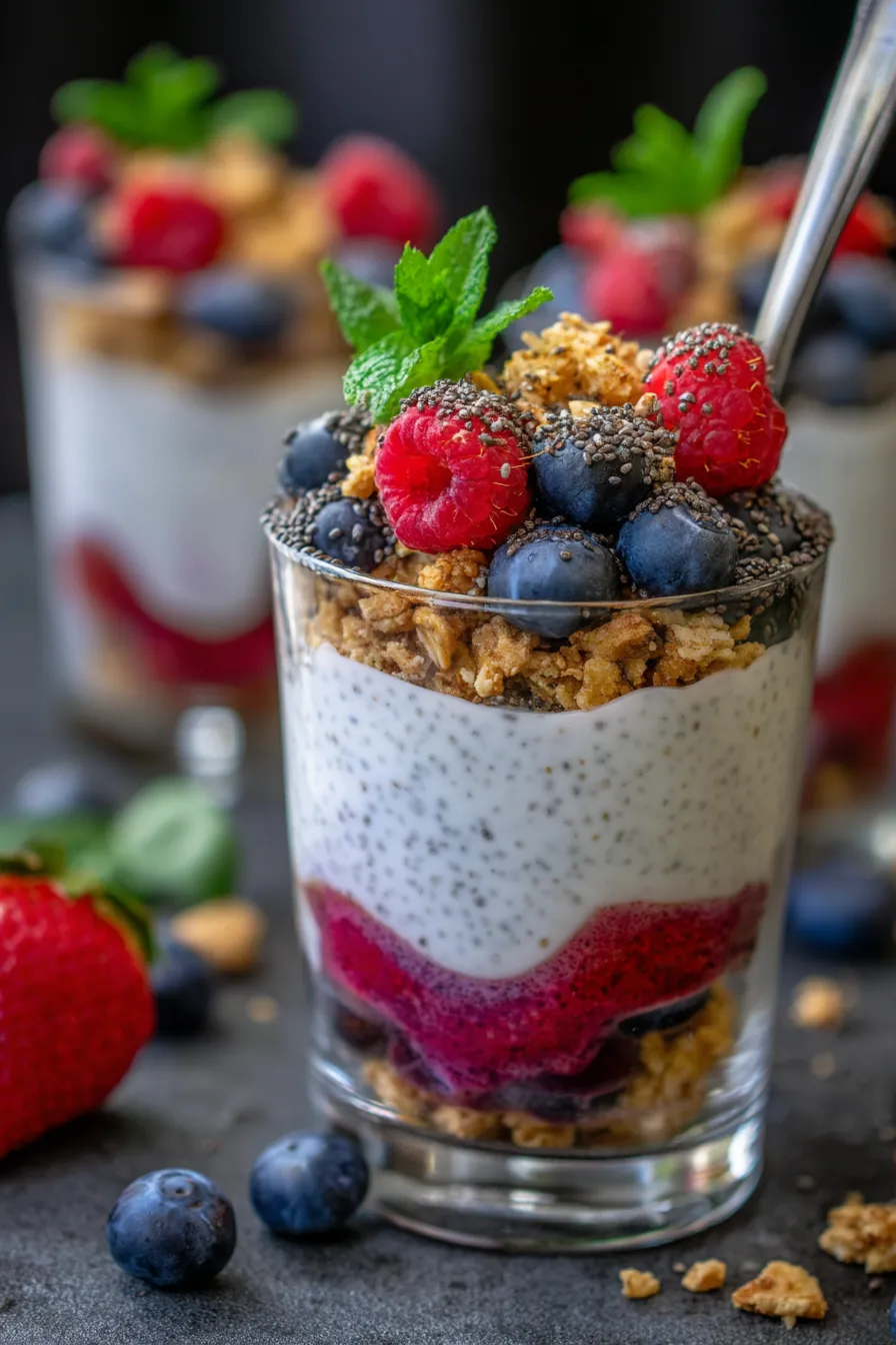Vegan Parfait - creamy - crunchy - fresh berries - closeup