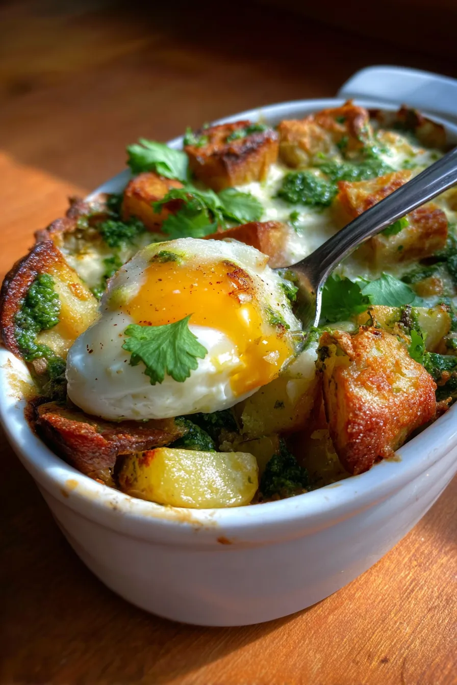 wholesome breakfast casserole-fluffy eggs-serving spoon