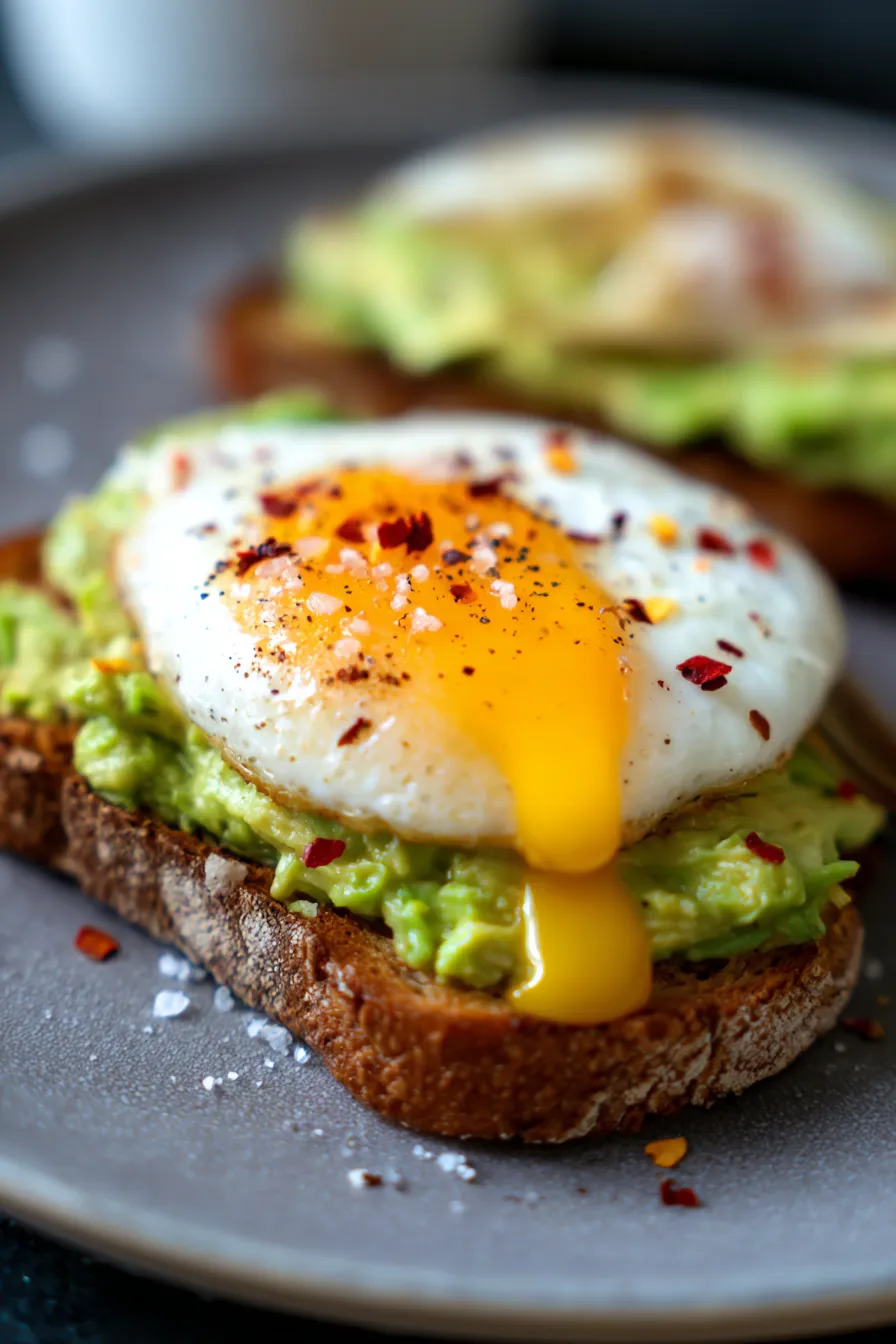 10-Minute Avocado Egg Toast | High Protein Breakfast - close up - yolk dripping