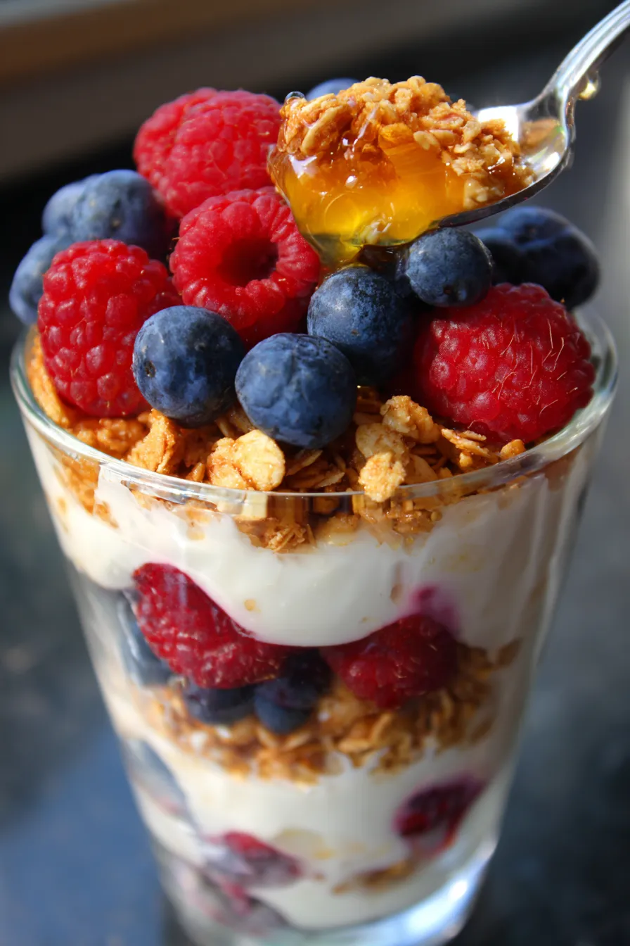 5-Minute Greek Yogurt Parfait | High Protein Breakfast-creamy yogurt-garnish