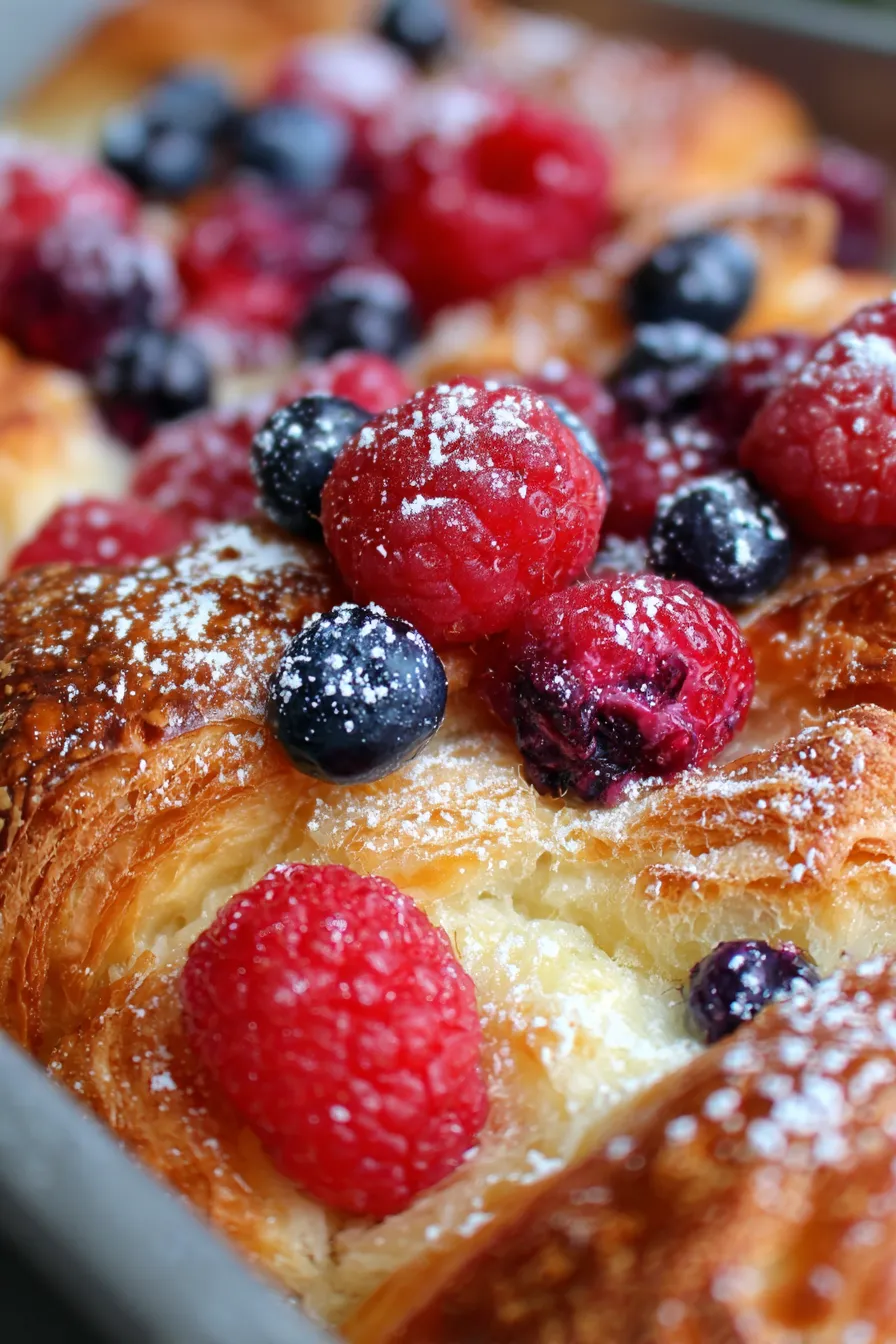 Berry Croissant Bake: close-up, custardy texture, flaky croissant