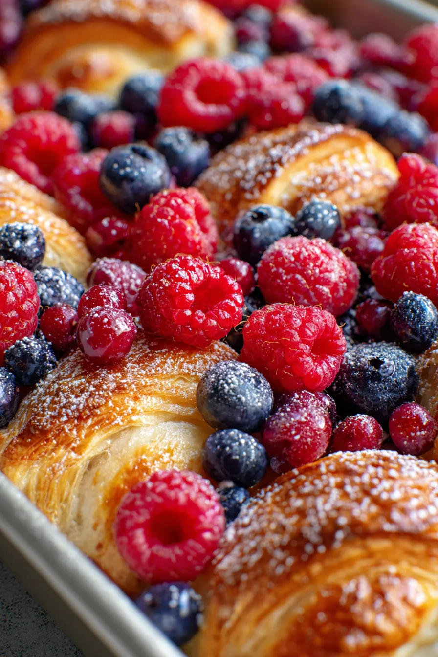 Berry Croissant Bake: served on plate, powdered sugar, side view