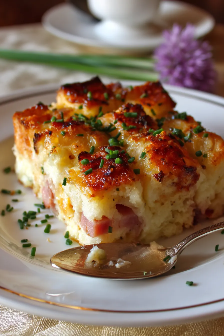 Breakfast Casserole-slice-ham-cheese-pull