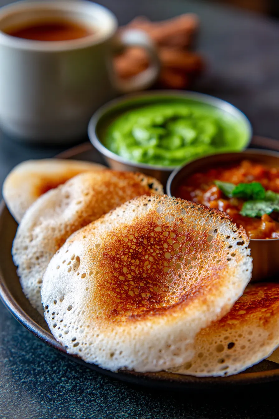 Fast Appam Indian Recipes | Healthy Breakfast - served with chutney - close up