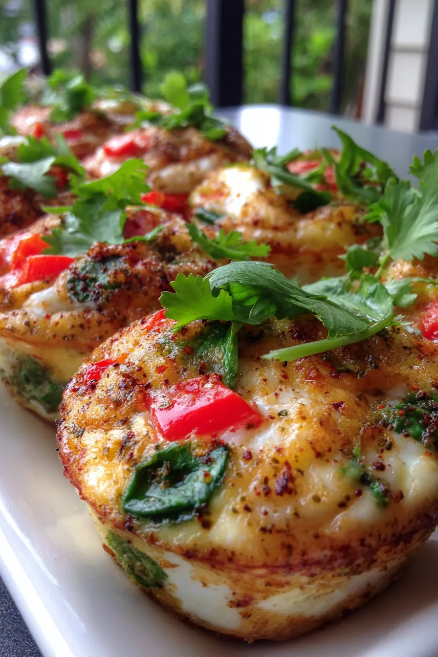 Fluffy egg white bites in muffin tin with fresh herbs, closeup