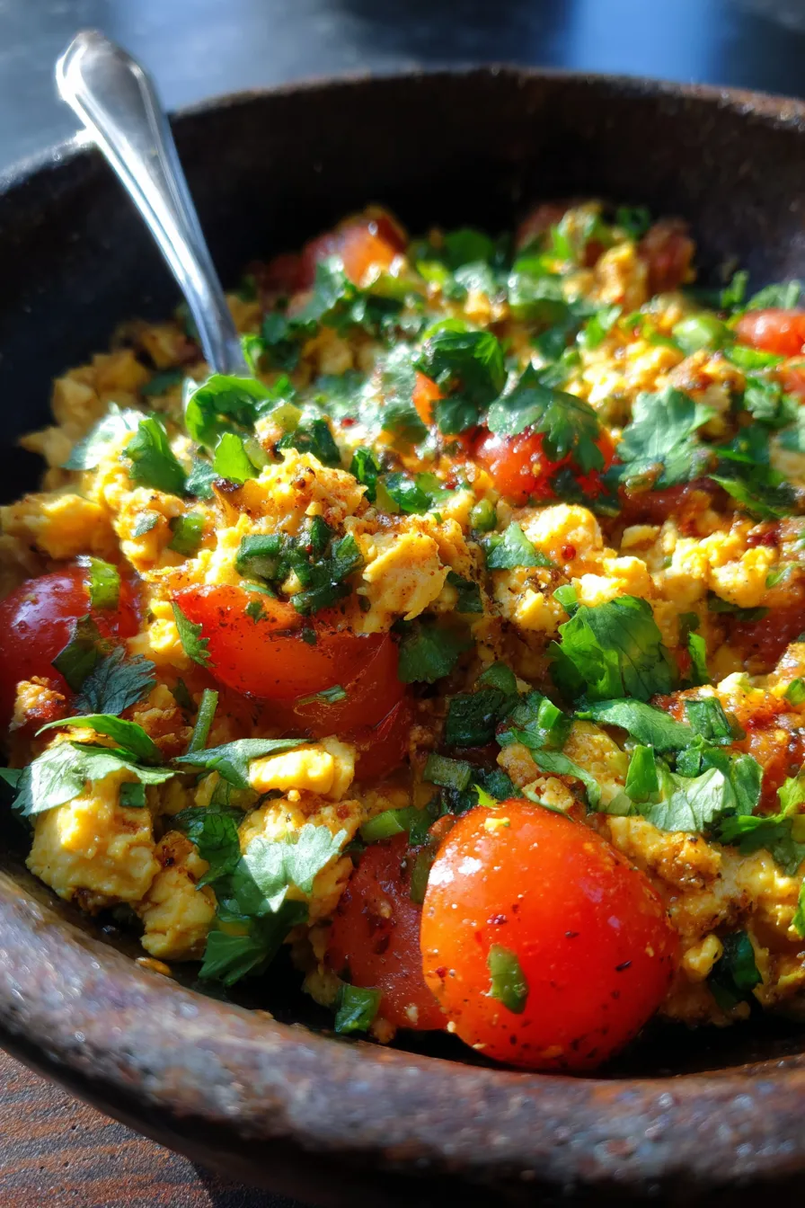 freshly cooked scrambled eggs with spices