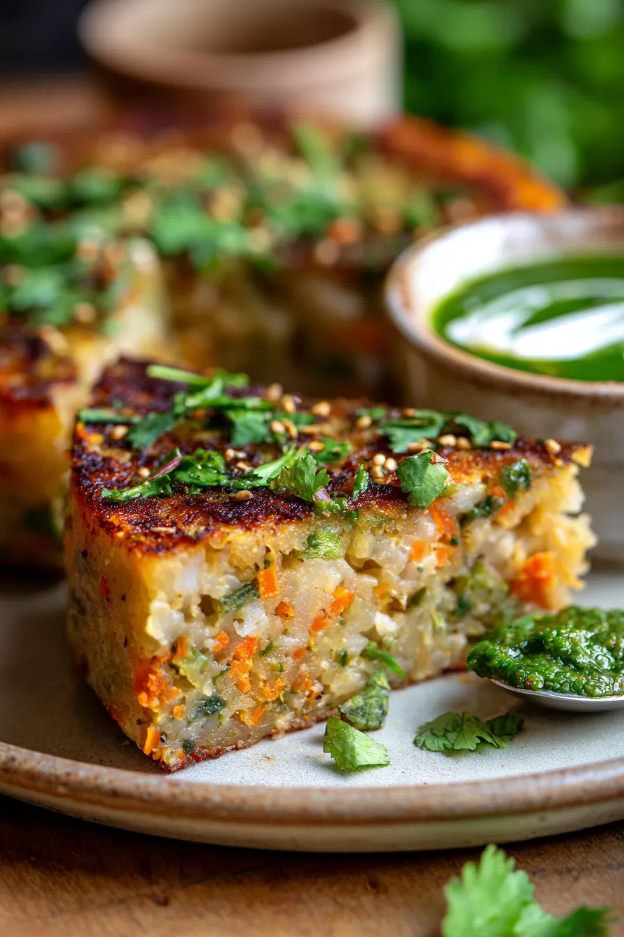 handvo on a plate with chutney overhead shot