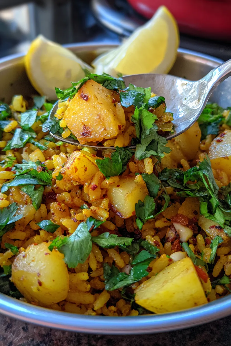 Kanda Poha, close up, texture, lemon wedge, fresh cilantro