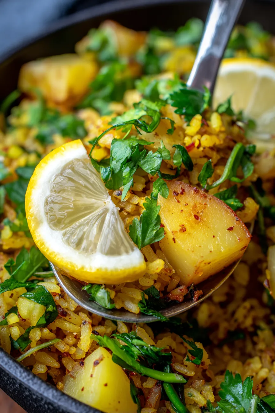 Kanda Poha, steaming, ready to eat, serving spoon