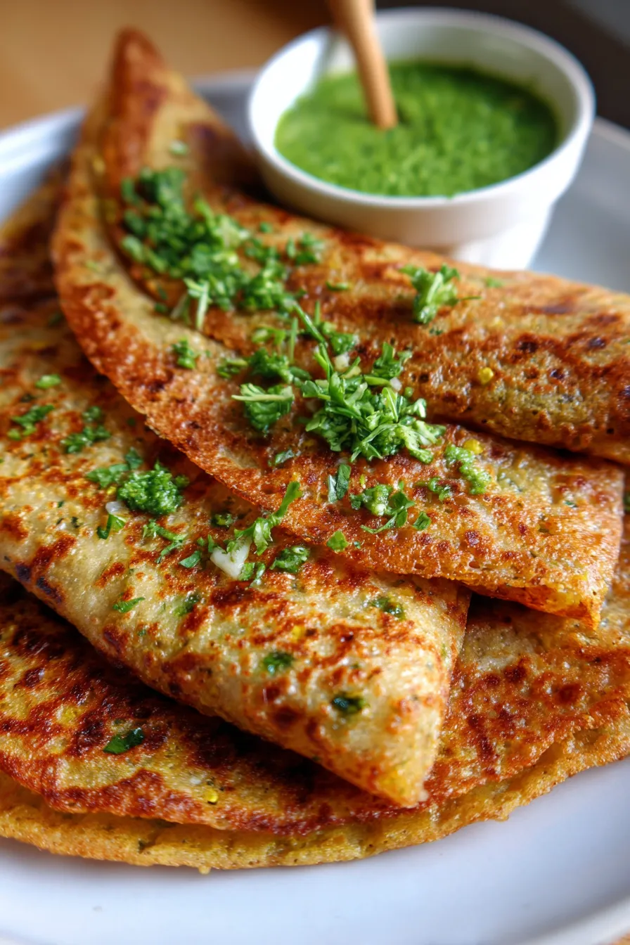 Moong Dal Cheela with chutney overhead shot