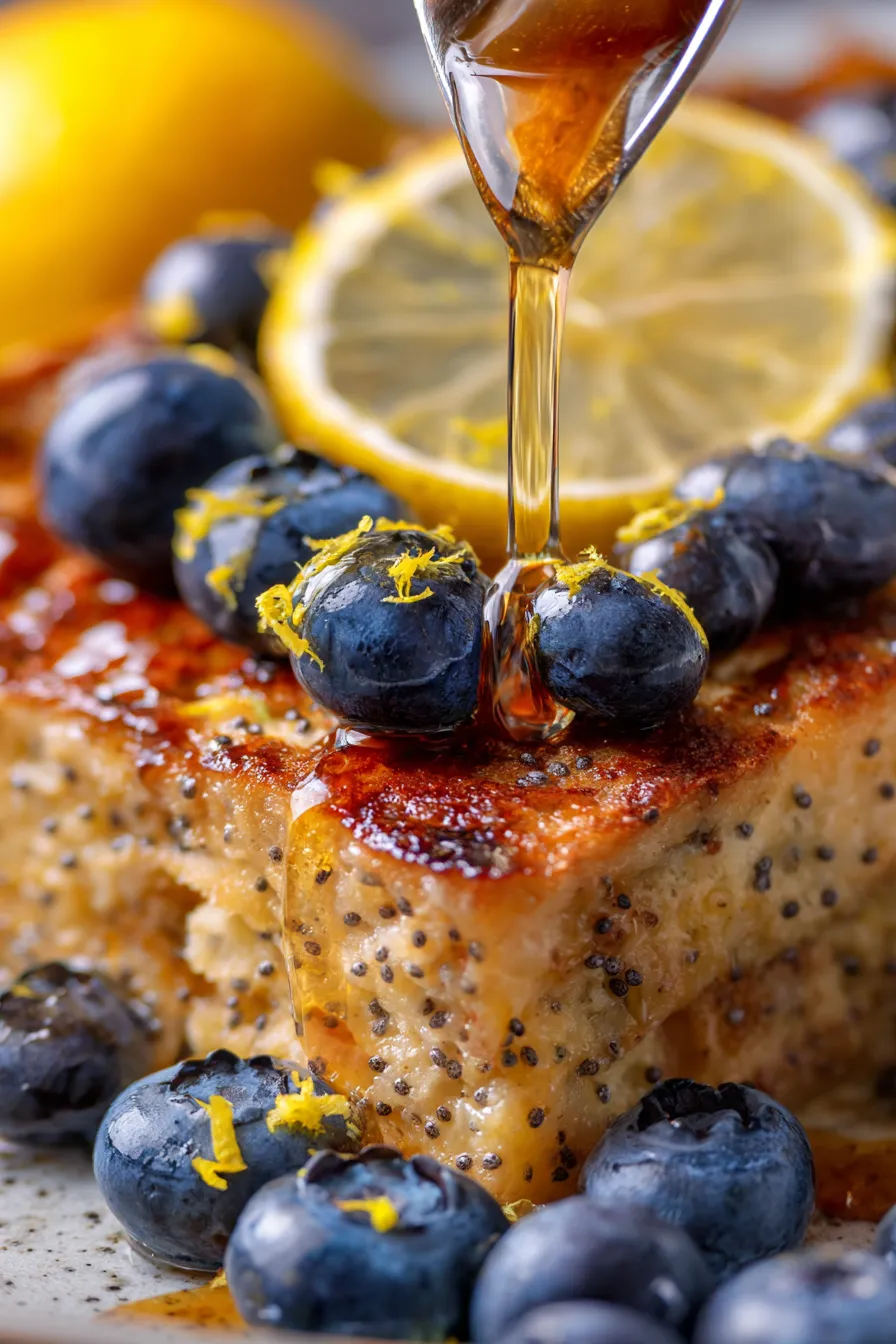 Nutrition-Packed Lemon Poppyseed Pancakes Breakfast Casserole-sliced-texture-closeup