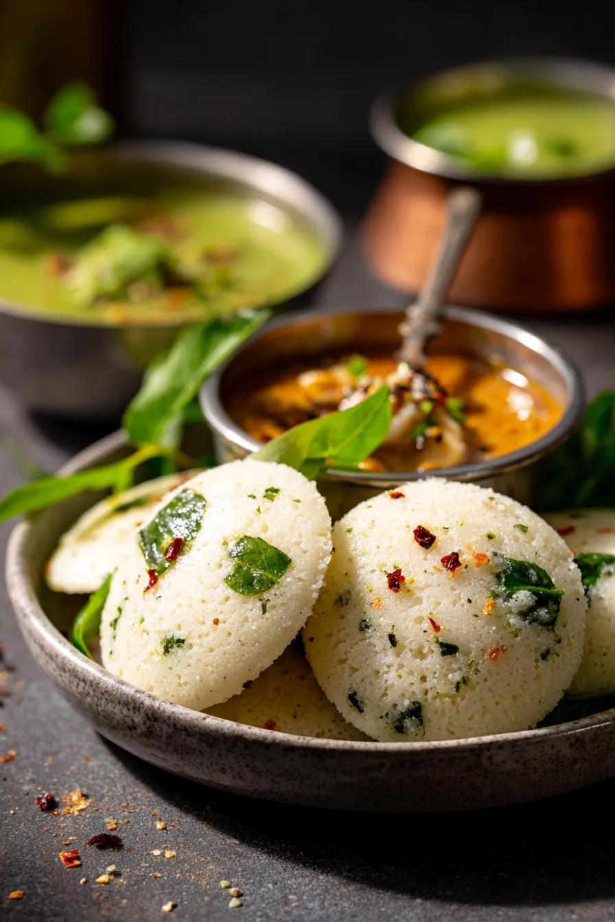 Nutrition-Packed Spinach Idli Indian Recipes | Breakfast Recipes Indian - plated with chutney, authentic