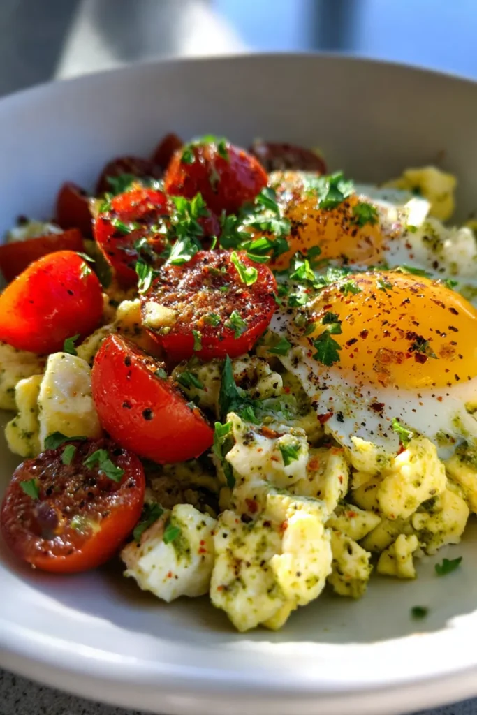 Pesto Egg & Goat Cheese Scramble | High Protein Breakfast