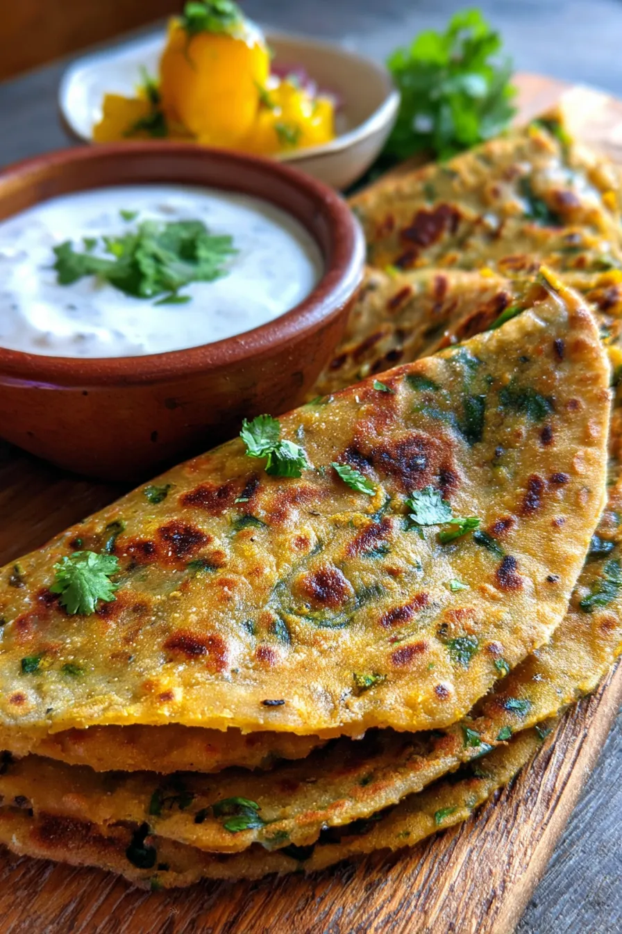 Spring Methi Thepla Indian Recipes Healthy Breakfast - cooking on tawa - sizzling - steam