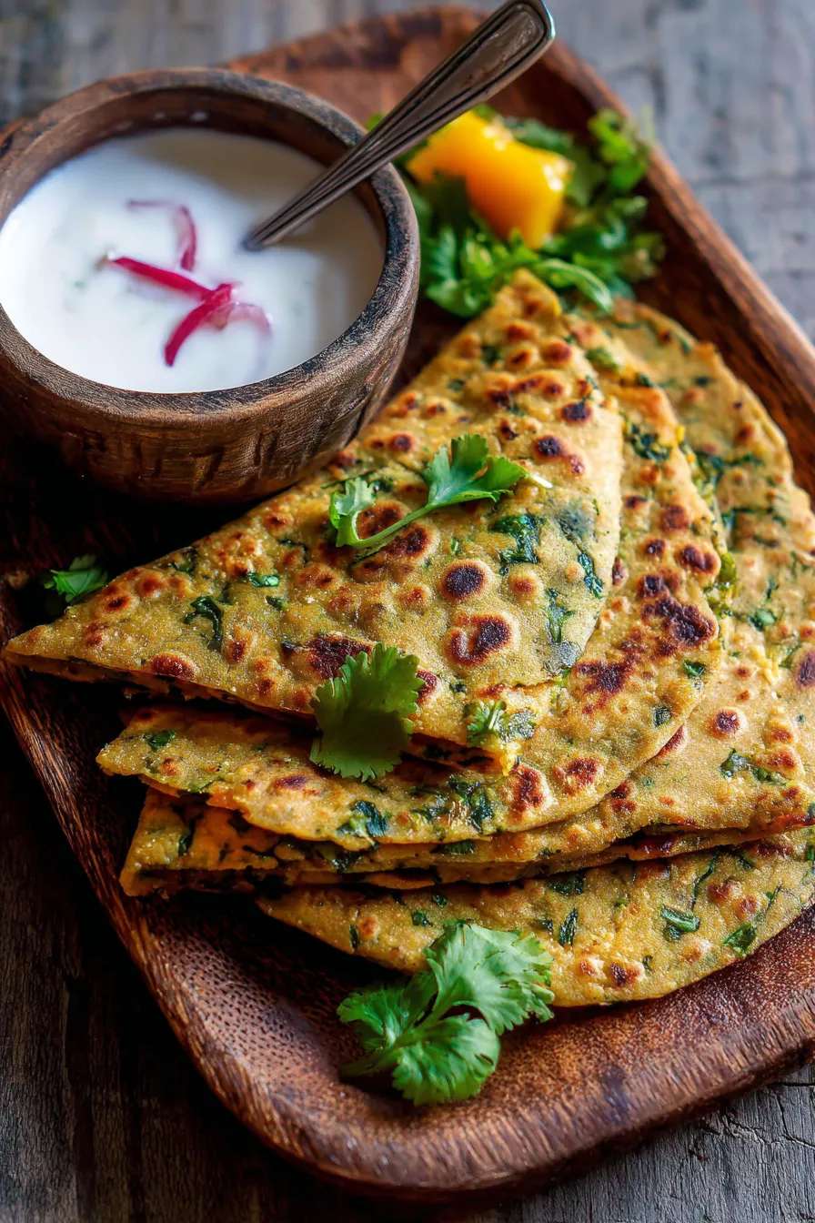 Spring Methi Thepla Indian Recipes Healthy Breakfast - serving platter - yogurt dip - overhead shot