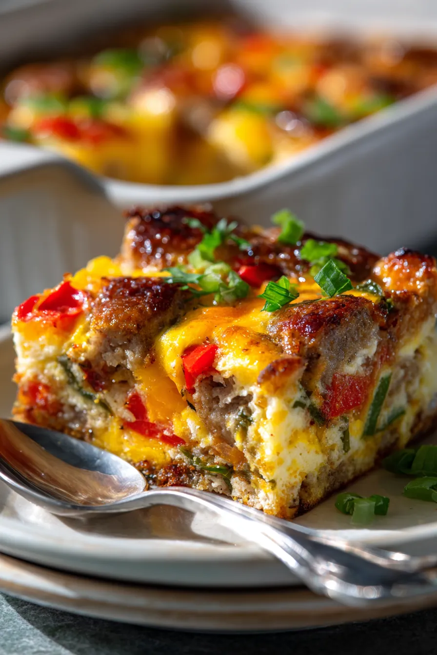 Sunday Turkey Sausage Egg Bake-slice-closeup