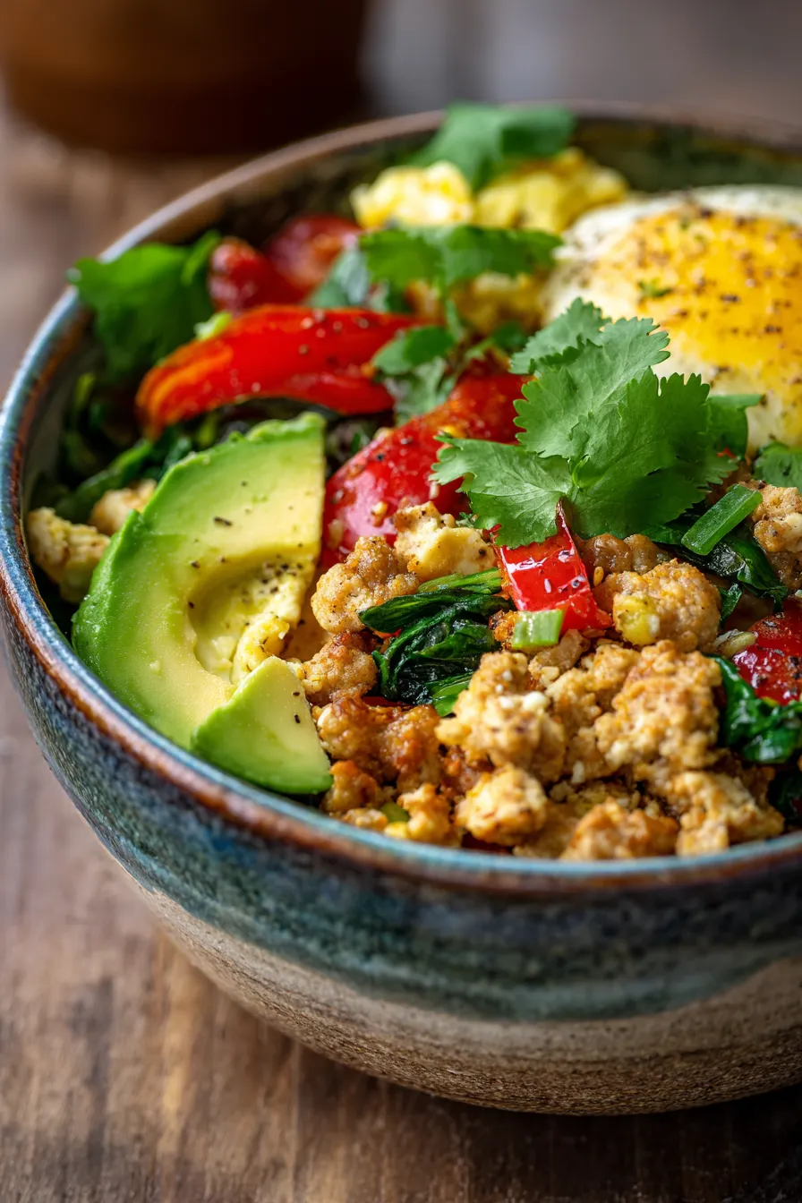 Turkey Sausage Breakfast Bowl close up texture