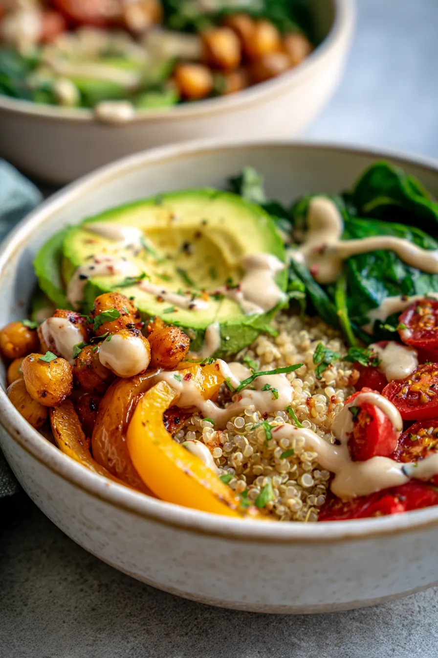 Vegan Savory Quinoa Bowls - garnished with avocado - shallow depth of field
