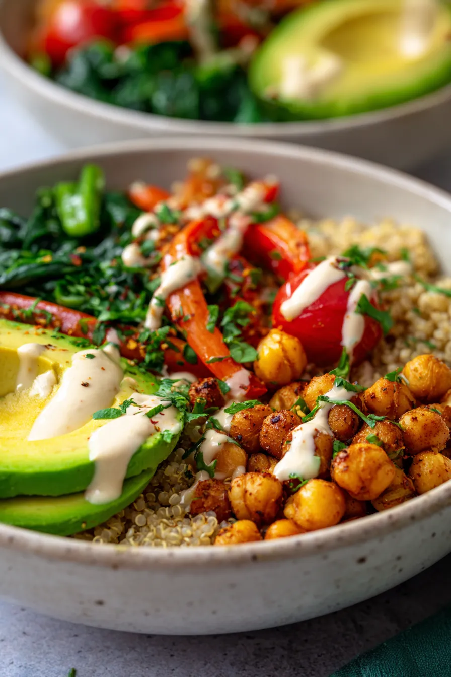 Vegan Savory Quinoa Bowls - vibrant vegetables - texture closeup