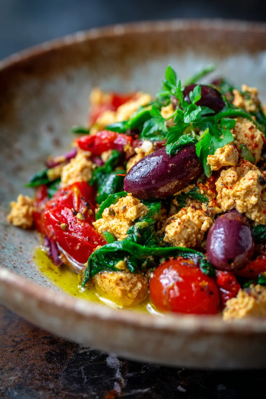 vibrant tofu scramble closeup texture