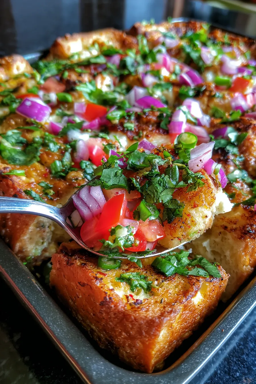 Weight Loss Masala French Toast Indian Recipes Breakfast Casserole stack on plate close-up texture