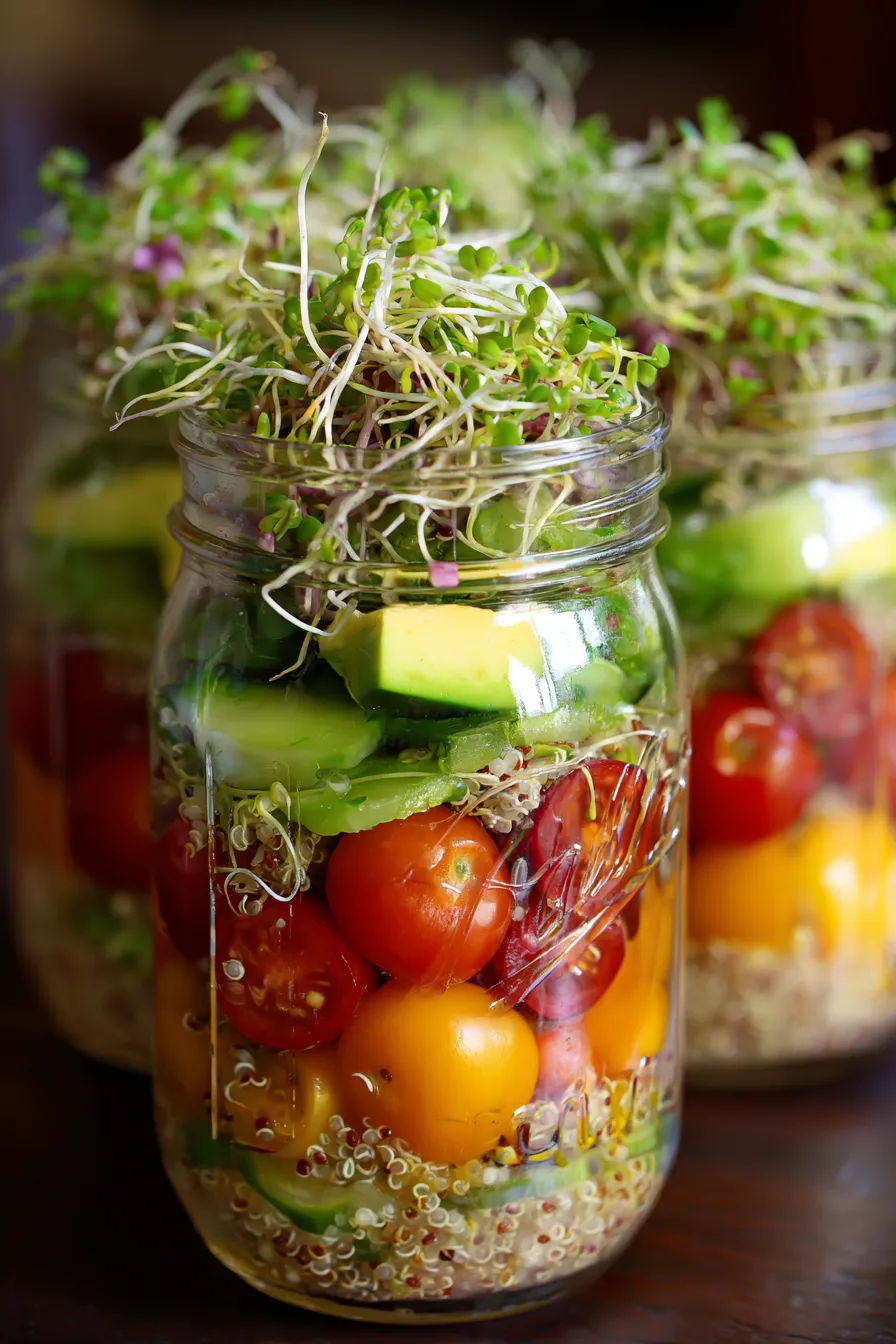 Zesty Sprouted Salad Jars - layered - close-up - fresh ingredients